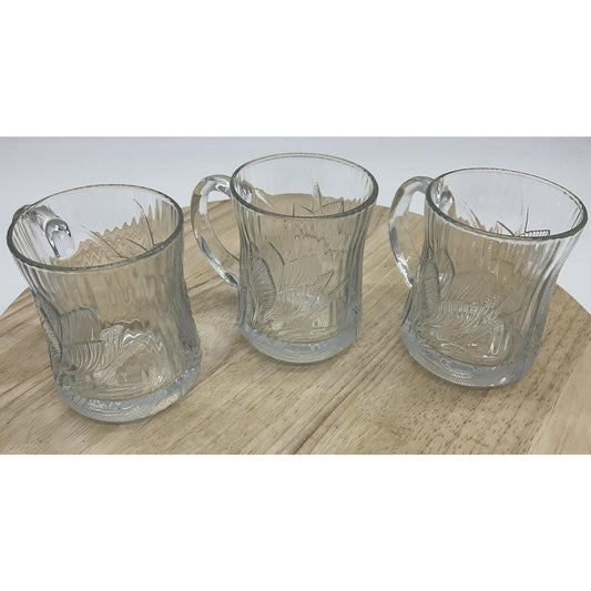 Vintage Clear Pressed Glass Fish Beer Coffee Mugs Set Of 3 Handles Decor Bar
