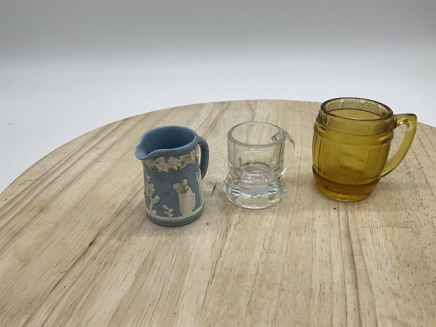 Vintage Wedgwood Shot Glasses Set Of 3 Mini Mugs Blue Clear Amber Glass Handles