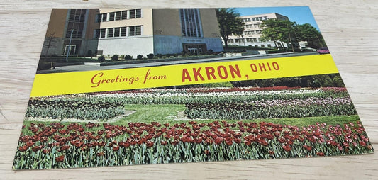 Vintage Greetings From Akron Ohio Plasticrome Photochrome Postcard 6 X 4 In