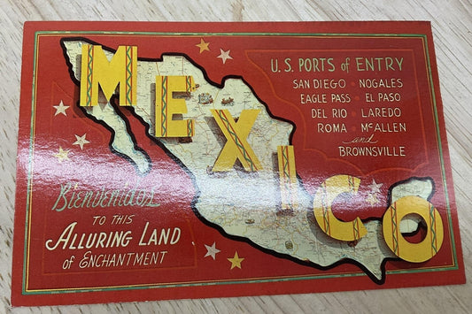 Vintage Mexico Map Color Photochrome Corpus Christi Texas Postcard 5.5x3.5 In