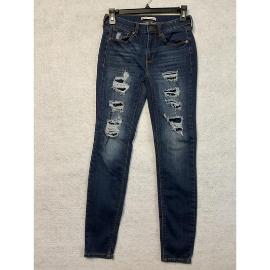 SO Jeans Juniors 1 Blue Dark Wash FLXStretch Skinny Distressed Ripped Low Rise