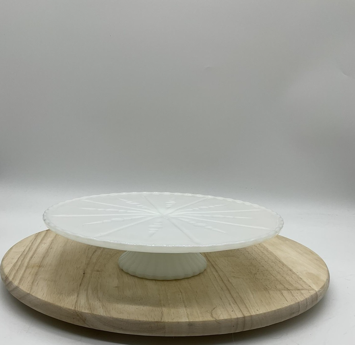 Vintage Milk Glass Cake Stand White 10 Inch Sunburst Scalloped Pedestal Platter