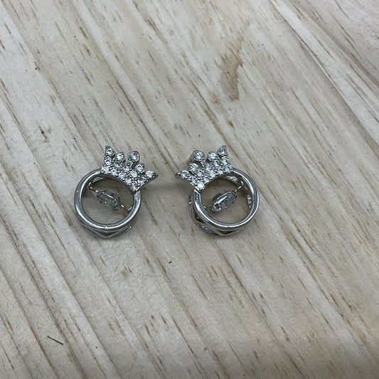 Silver Tone Crown Circle Pendants Charms Womens Rhinestone Stud Pair 1"