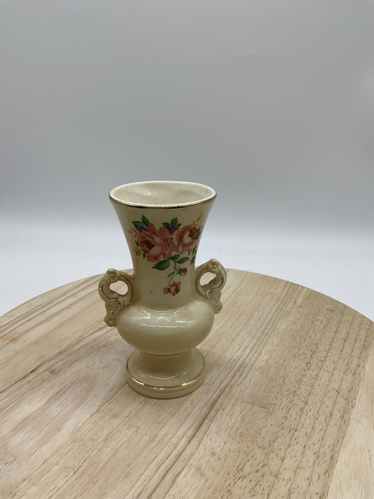Ceramic Floral Vase Double Handles Cream Gold Trim Small Decorative Urn Table
