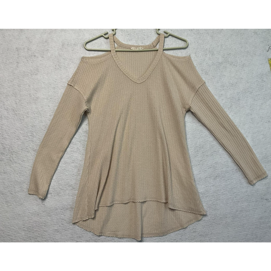 Bear Dance Sweater Womens Small Beige Cold Shoulder Waffle Knit Pullover Top