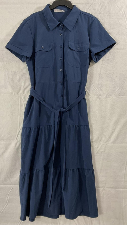 Lucky Brand Dress Womens Large Blue Shirt Midi Button Front Belted Tiered