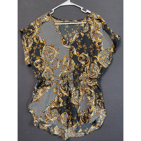 Baroque Style Tunic Top XL (see images) Black Gold Checkered Print Zipper Retro