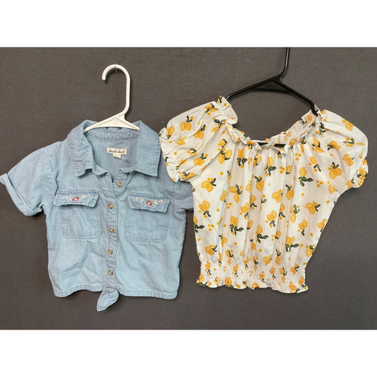 Lot 2 Girls Tops Derek Heart 7 Chambray Shirt + Girls Pink Lemon Print 7/8