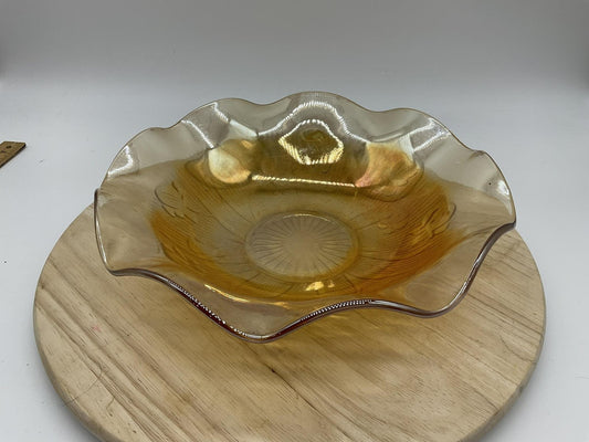 Vintage Amber Carnival Glass Serving Bowl Floral Ruffle Edge Gold Iridescent MCM