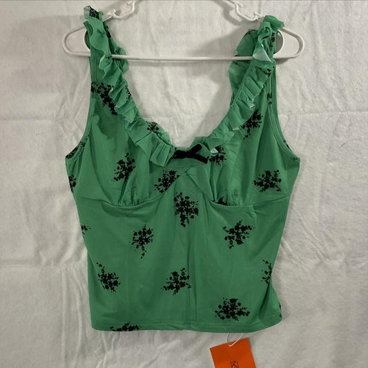 TANKANEO Cami Tank Top Womens Large Light Green Floral Ruffle Bow Lined Stretch