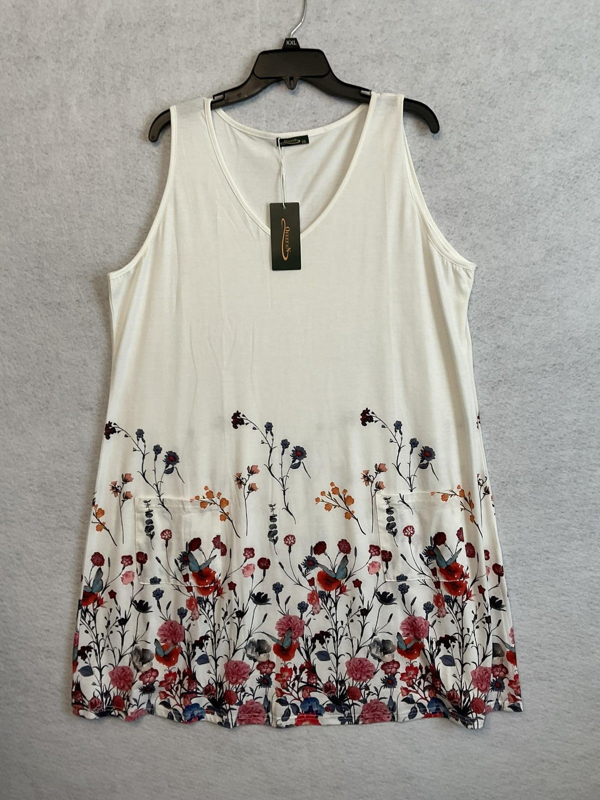 OFEFAN Tank Top Womens XXL White Floral Butterfly Tunic Pockets Sleeveless Knit
