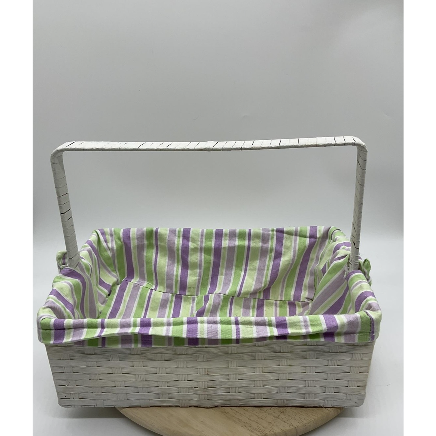 White Wicker Rectangular Basket Handle Lined Striped Fabric Insert Storage Tray