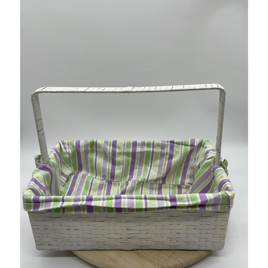 White Wicker Rectangular Basket Handle Lined Striped Fabric Insert Storage Tray