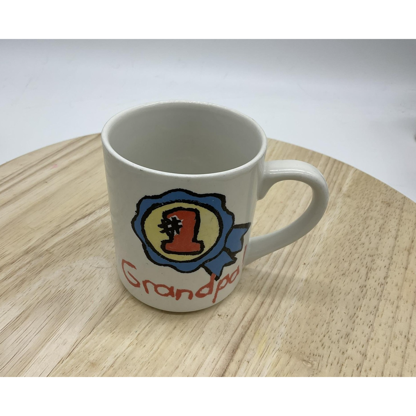 Vintage 1990 Wang's Int'l #1 Grandpa Coffee Mug White Blue Ribbon Ceramic Cup