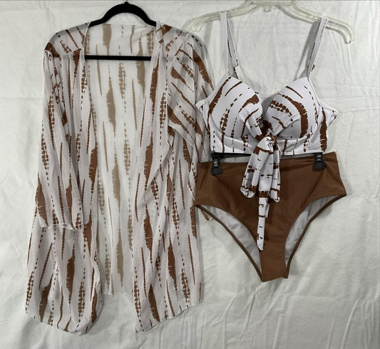 Bikini Set Womens 0XL Brown White Stripe 3 Piece Underwire High Waist Cover Up