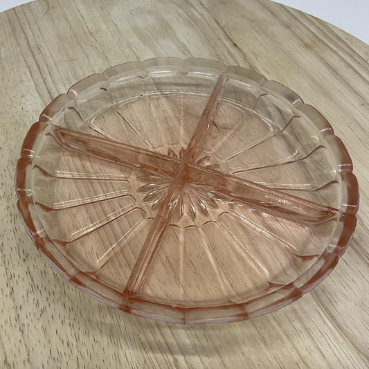 Vintage Pink Pressed Glass Candy Dish Round 4 Section Divided Unmarked Decor
