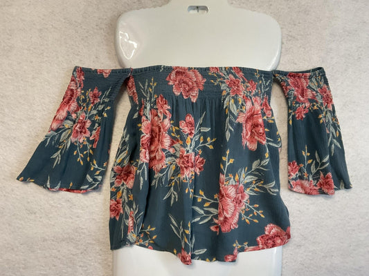 Billabong Blouse Womens Medium Blue Floral Off Shoulder Bell Sleeve Boho Cropped
