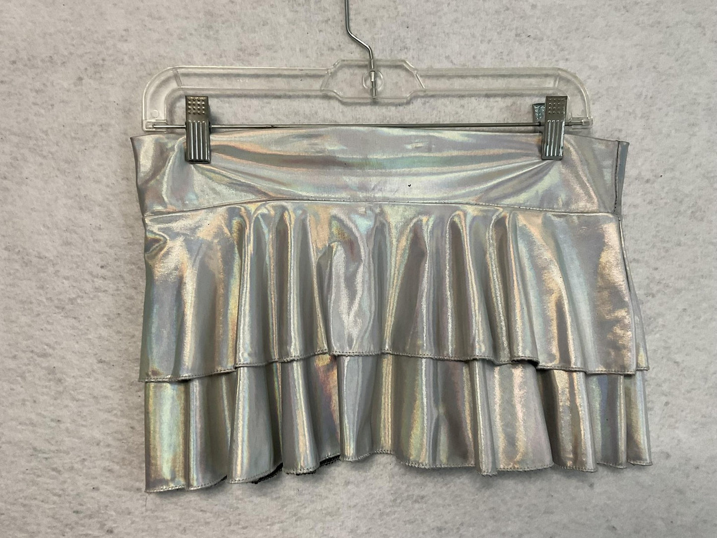 Miho Mini Skirt Womens Jr's L Silver Metallic Mini Tiered Ruffle Pull On Stretch