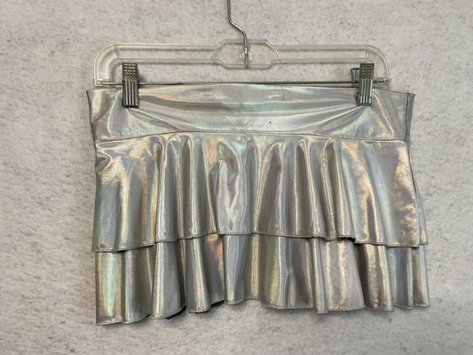 Miho Mini Skirt Womens Jr's L Silver Metallic Mini Tiered Ruffle Pull On Stretch