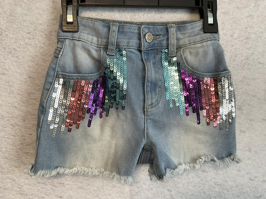 Justice Shorts Girls 7 Blue Denim Mini Mom Sequin Fringe Pockets Raw Hem Sparkle