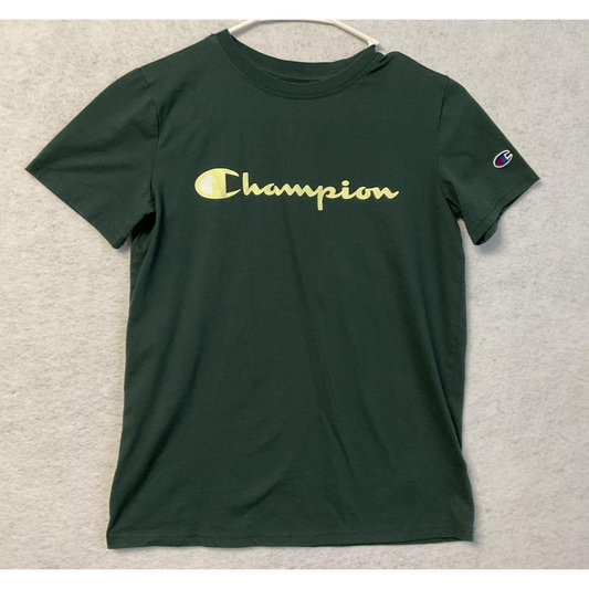 Champion Shirt Youth Large Green Script Logo Short Sleeve Crewneck Tee C Patch