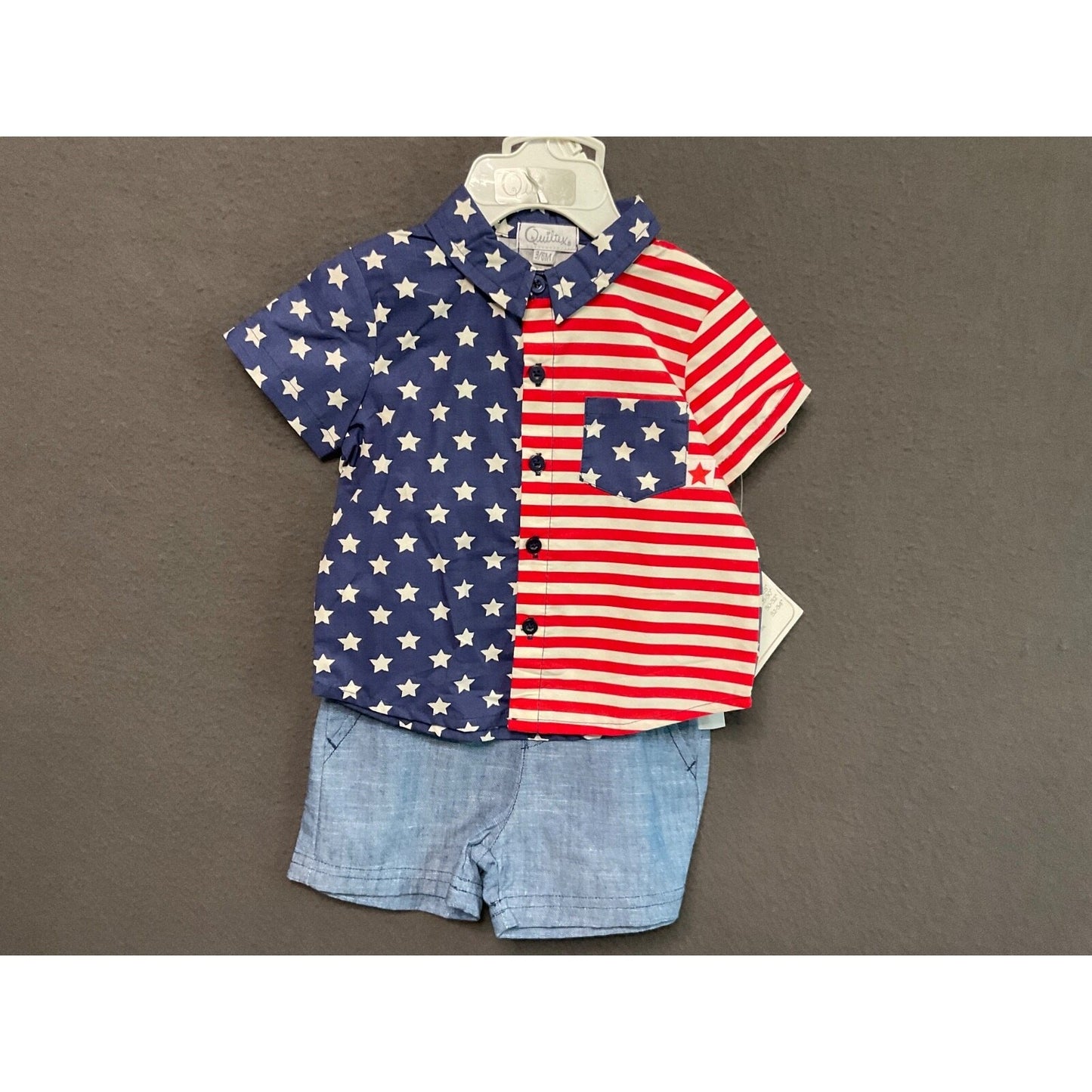 Quilttex Baby Boy 2pc Set 3-6M Stars Stripes Shirt & Chambray Shorts USA NWT