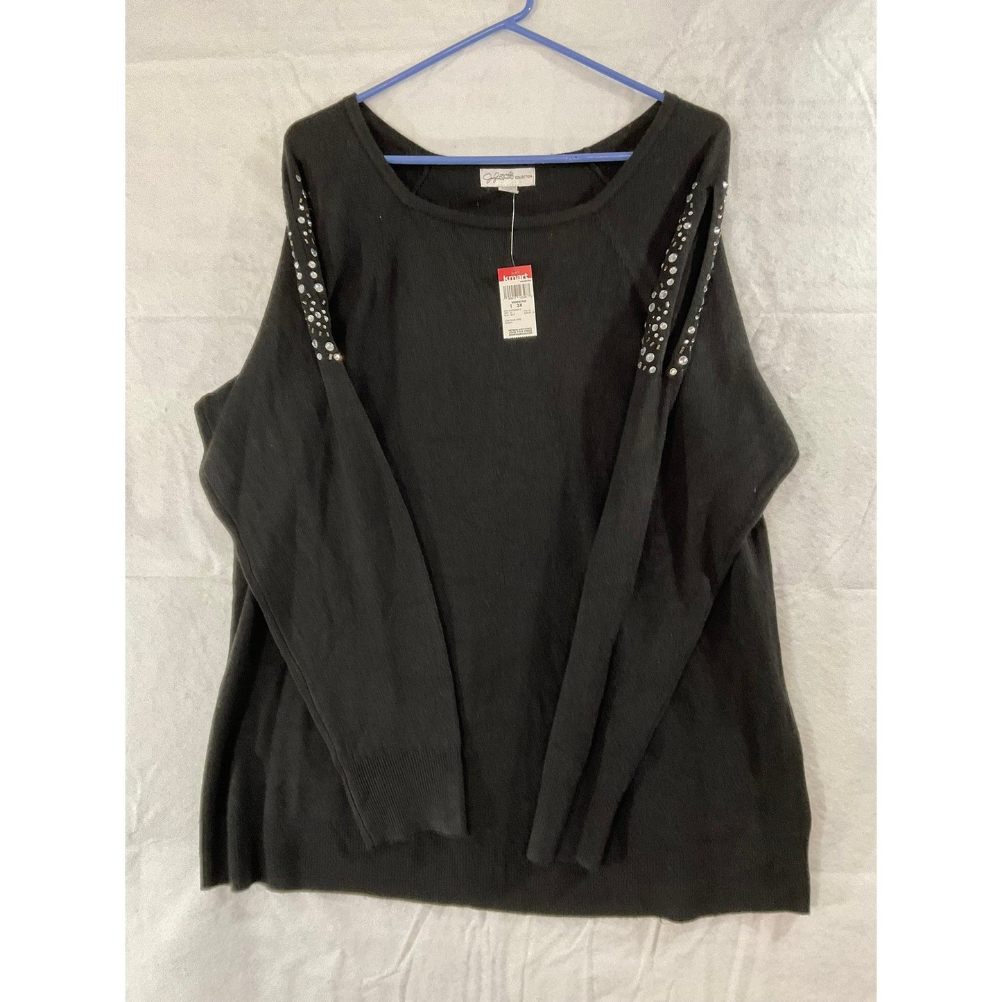 Jaclyn Smith Sweater Womens Plus 3X Black Cold Shoulder Rhinestone Holiday Knit