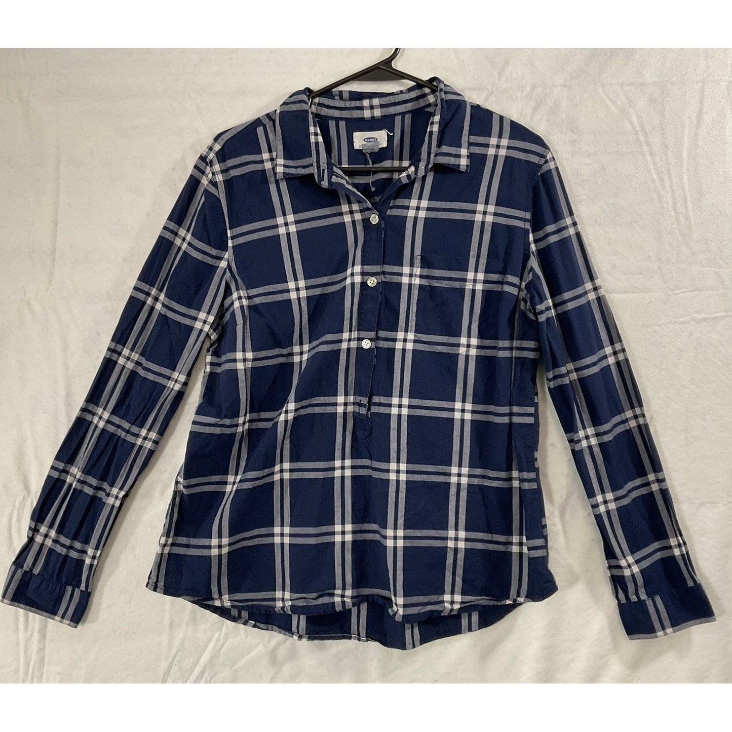 Old Navy Button Down Tunic Women Large Navy Blue Plaid Long Sleeve Casual Top
