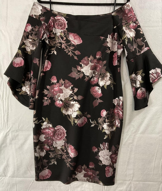 Bebe Dress Womens 14 Black Floral Off Shoulder Bell Sleeve Sheath Knit Party