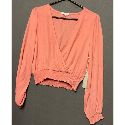 IRIS Basic Sheer Pink Blouse NWT Size M Long Sleeve Smocked Waist Flowy