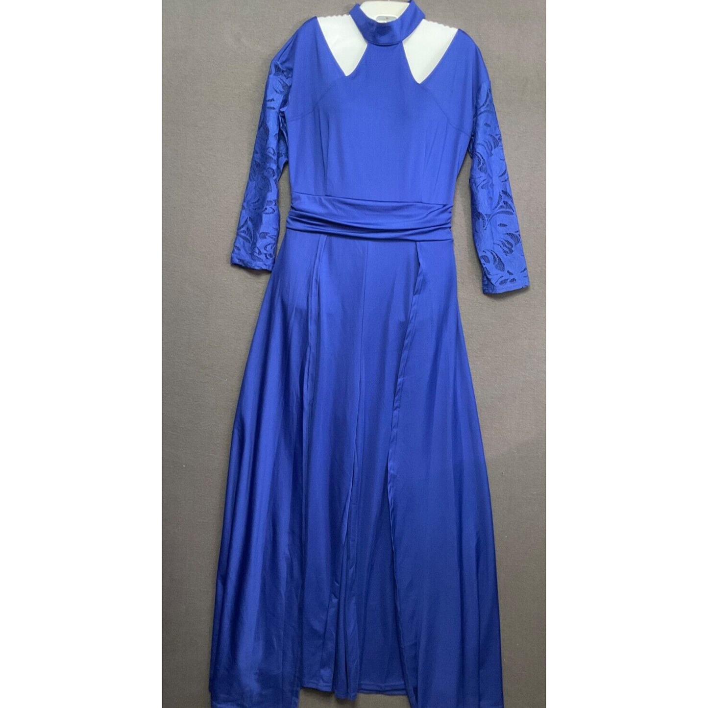 Women's Chic Blue Jumpsuit Lace Sleeve High Neck Lace Sleeves Evening Party Wear
