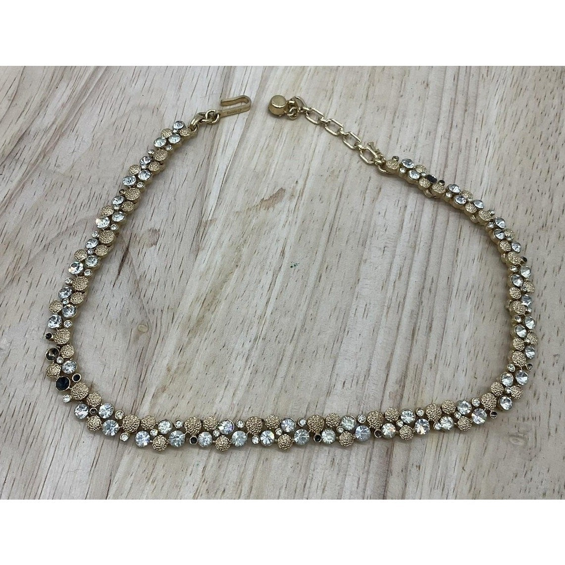Gold Tone Crystal Rhinestone Tennis Bracelet Statement Necklace Hook Aprox 14"