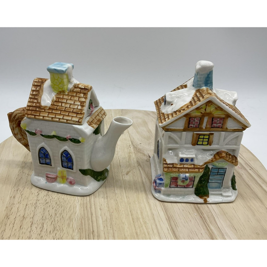 HH Christmas House Teapot Sugar Jar Ceramic Holiday Village Cottage SeT