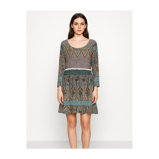 BohoBlu Small Boho Dress Long Sleeve Multicolor Patchwork Print Cottage USA VTG