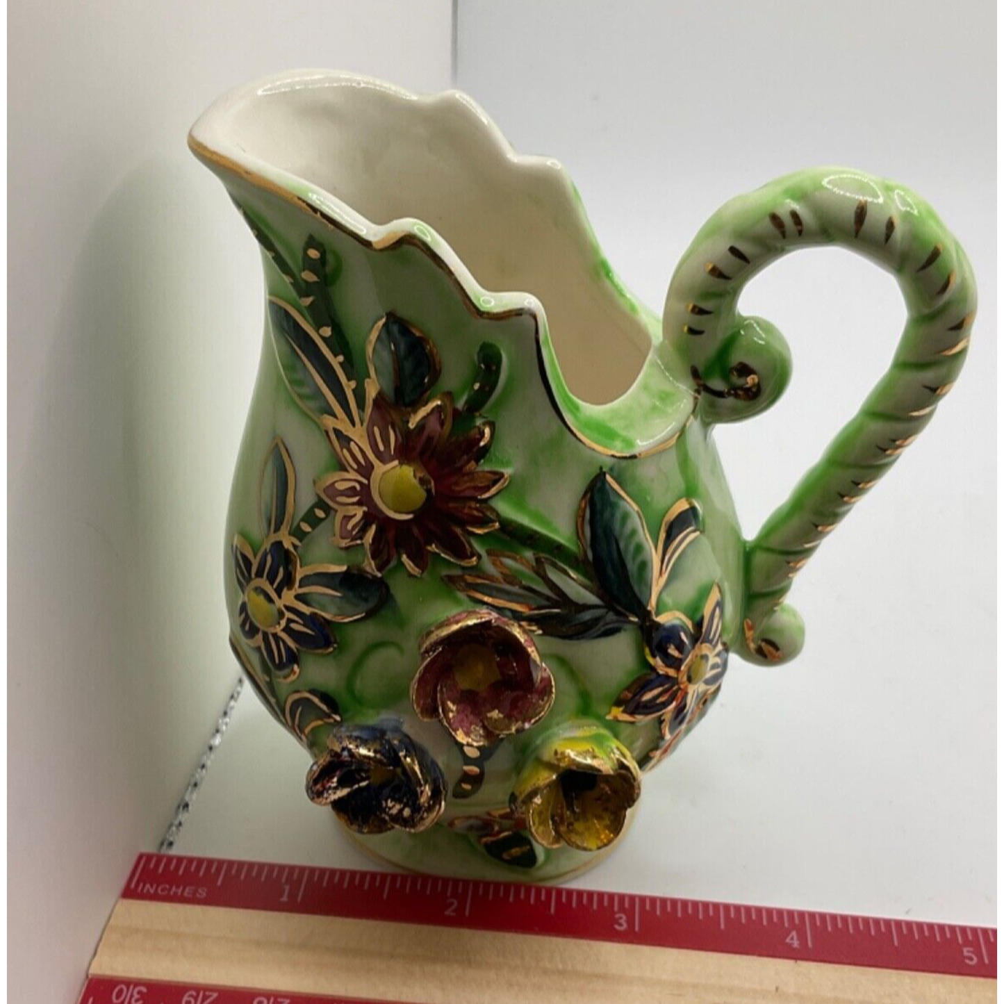 Rare Vintage Hand-Painted Porcelain Pitcher/Vase - 4.5" Tall, Gold Accents