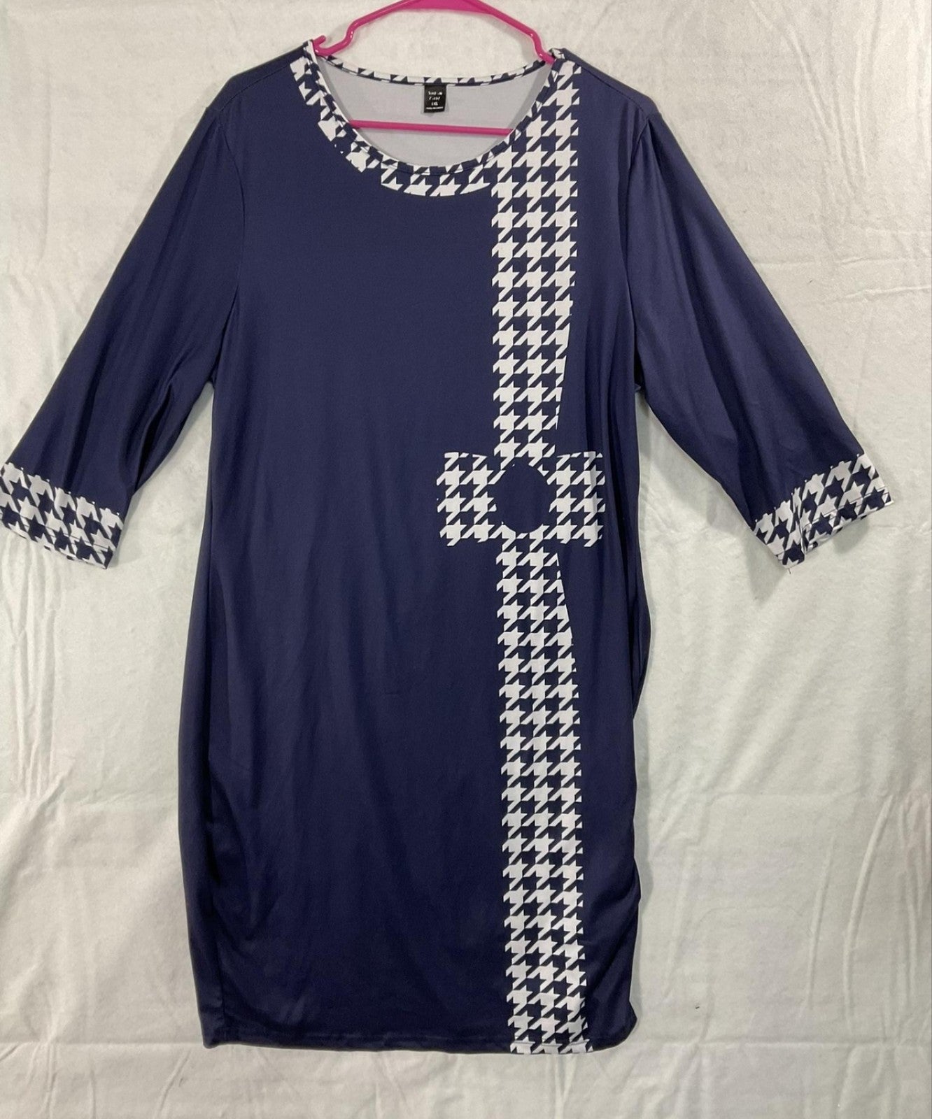 SheIn Dress Womens L/XL Blue Houndstooth Bow 3/4 Sleeve Shift Knee Length Jersey