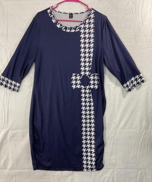 SheIn Dress Womens L/XL Blue Houndstooth Bow 3/4 Sleeve Shift Knee Length Jersey