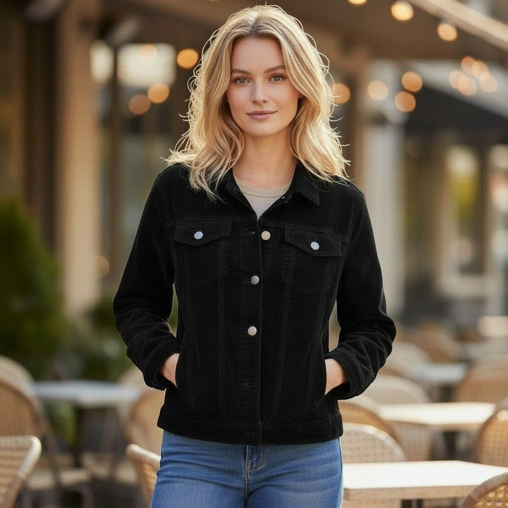 Time and Tru Corduroy Trucker Jacket Womens L 12-14 Black Stretch Button Up Coat