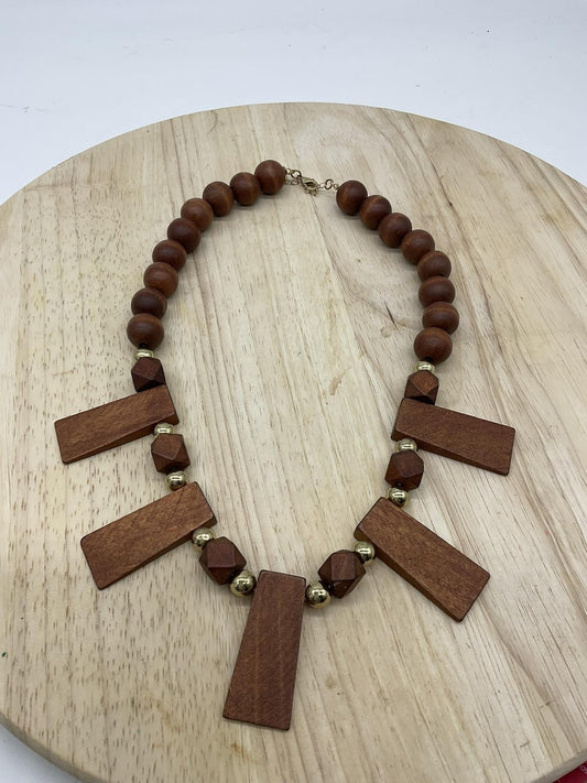 Necklace Brown Wood Beaded Rectangle Pendant Statement 22 In Lobster Womens