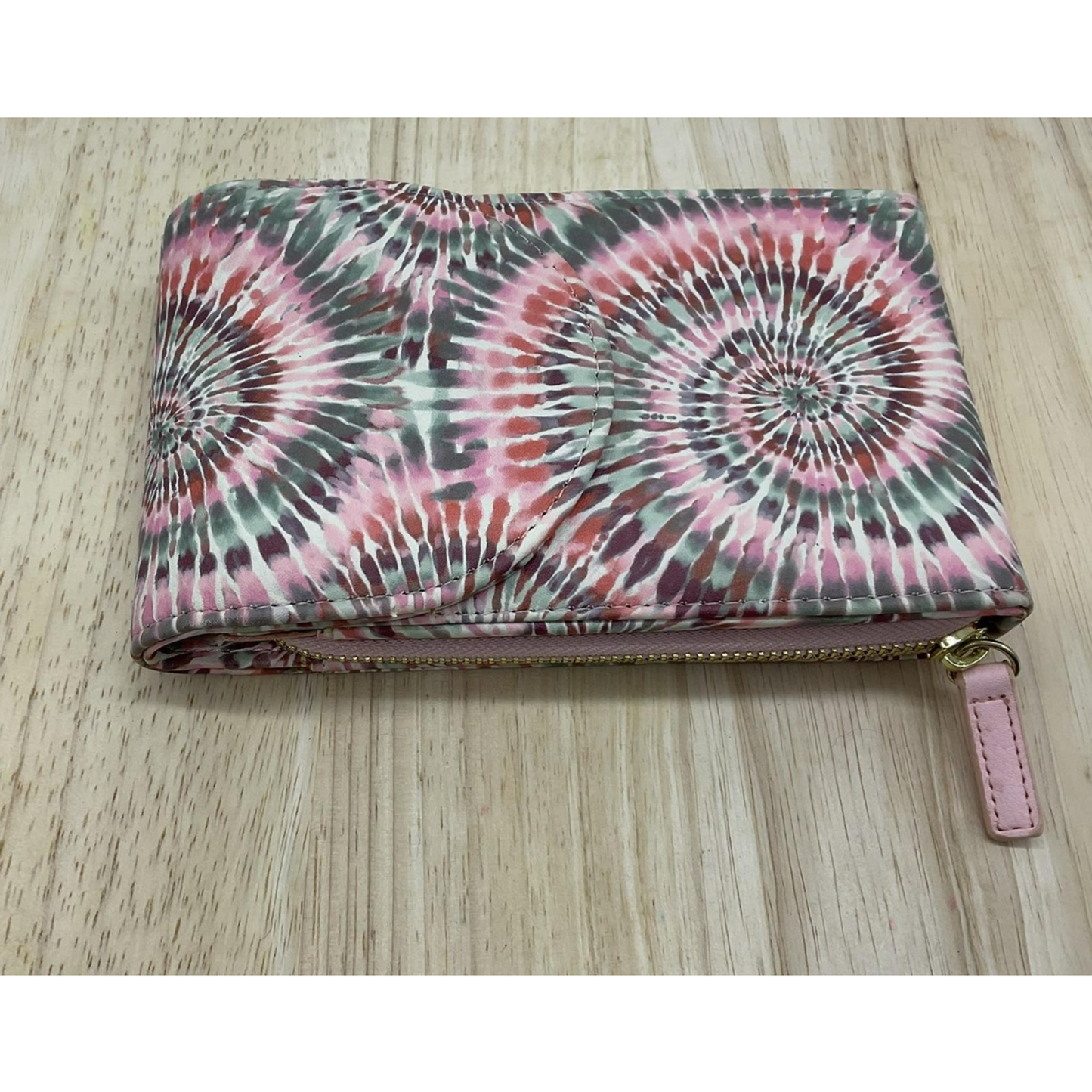 Wallet Womens Pink Green Tie Dye Trifold Snap Accordion Zip Coin Pocket Clutch