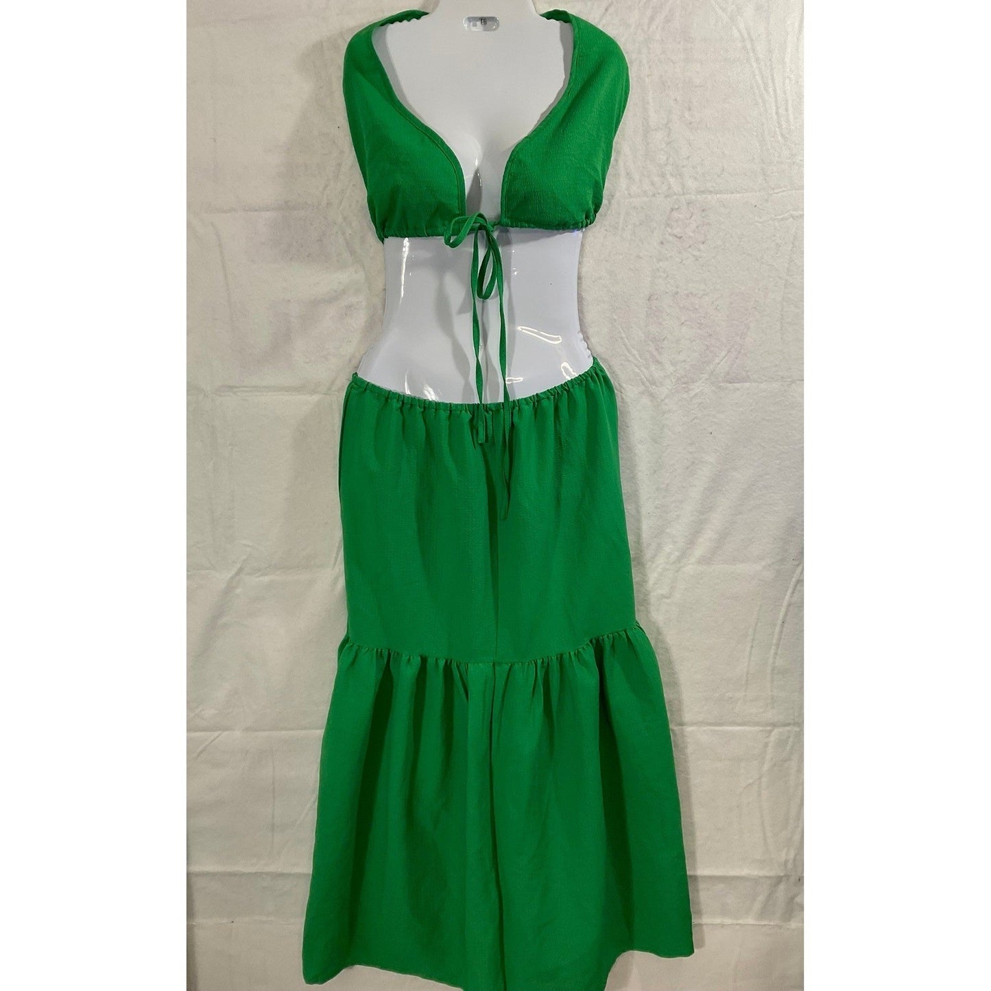 SHEIN Two Piece Skirt Set Women 0XL Green Tiered Maxi Crop Top Boho Vacation Set