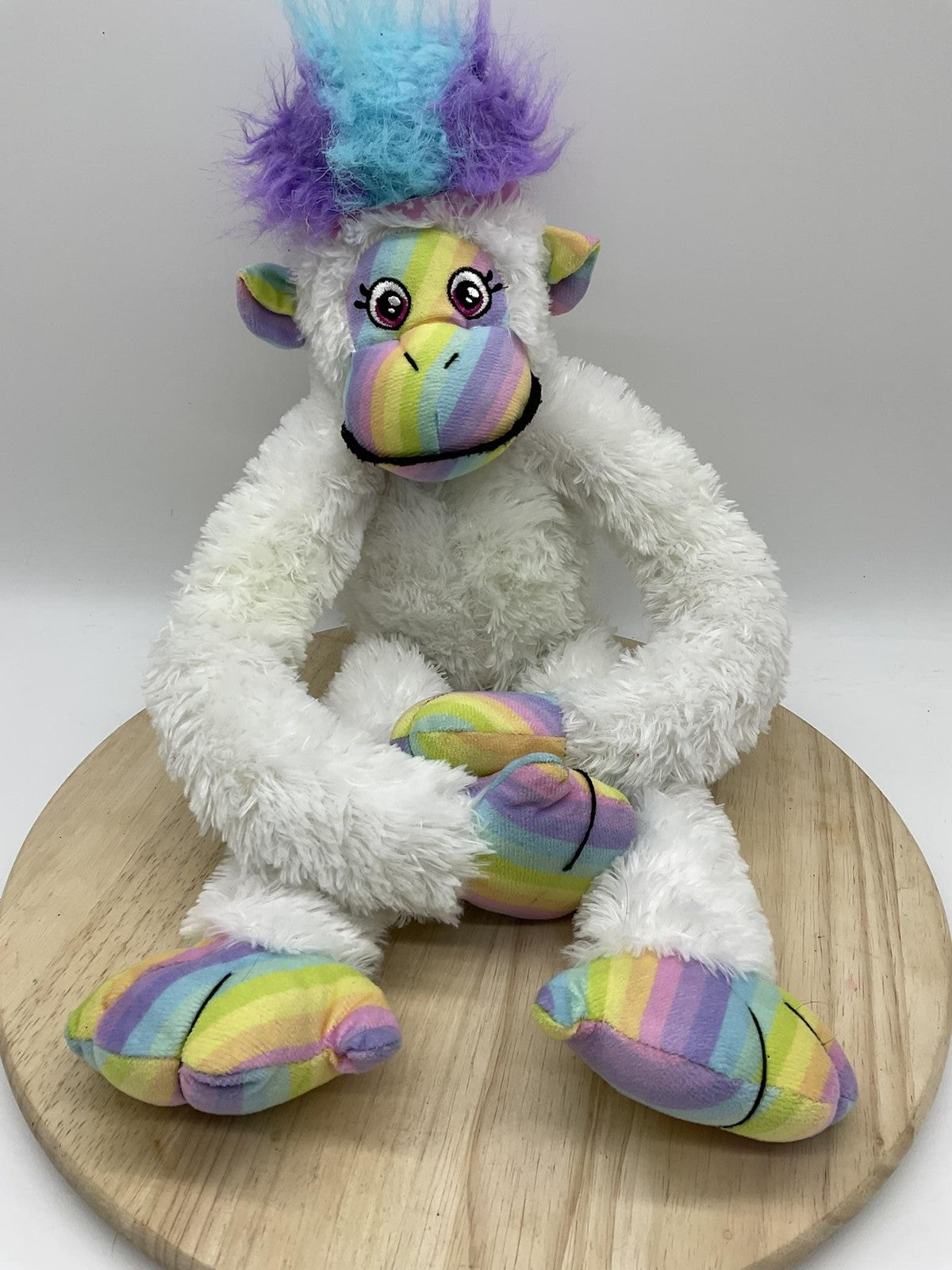 Mohawk Monkey Rainbow Plush Stuffed Animal White Fuzzy Long Legs Multicolor
