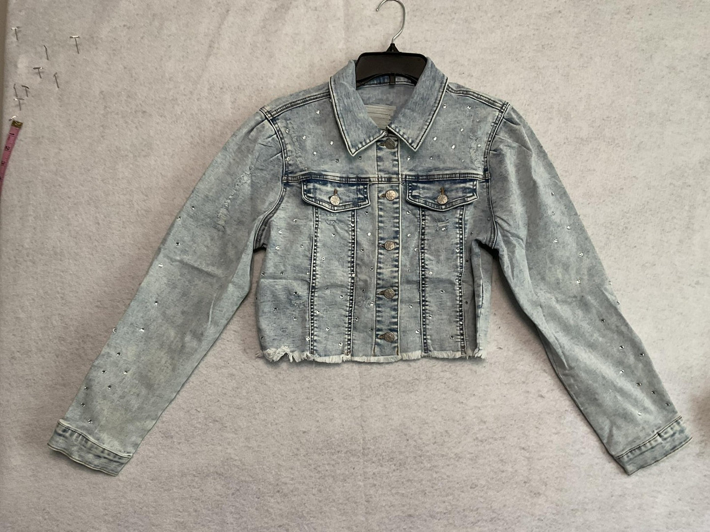 PAOLA RIBONI Jacket Womens Large Blue Rhinestone Distressed Cropped Denim Y2k