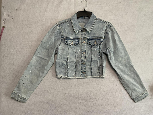 PAOLA RIBONI Jacket Womens Large Blue Rhinestone Distressed Cropped Denim Y2k