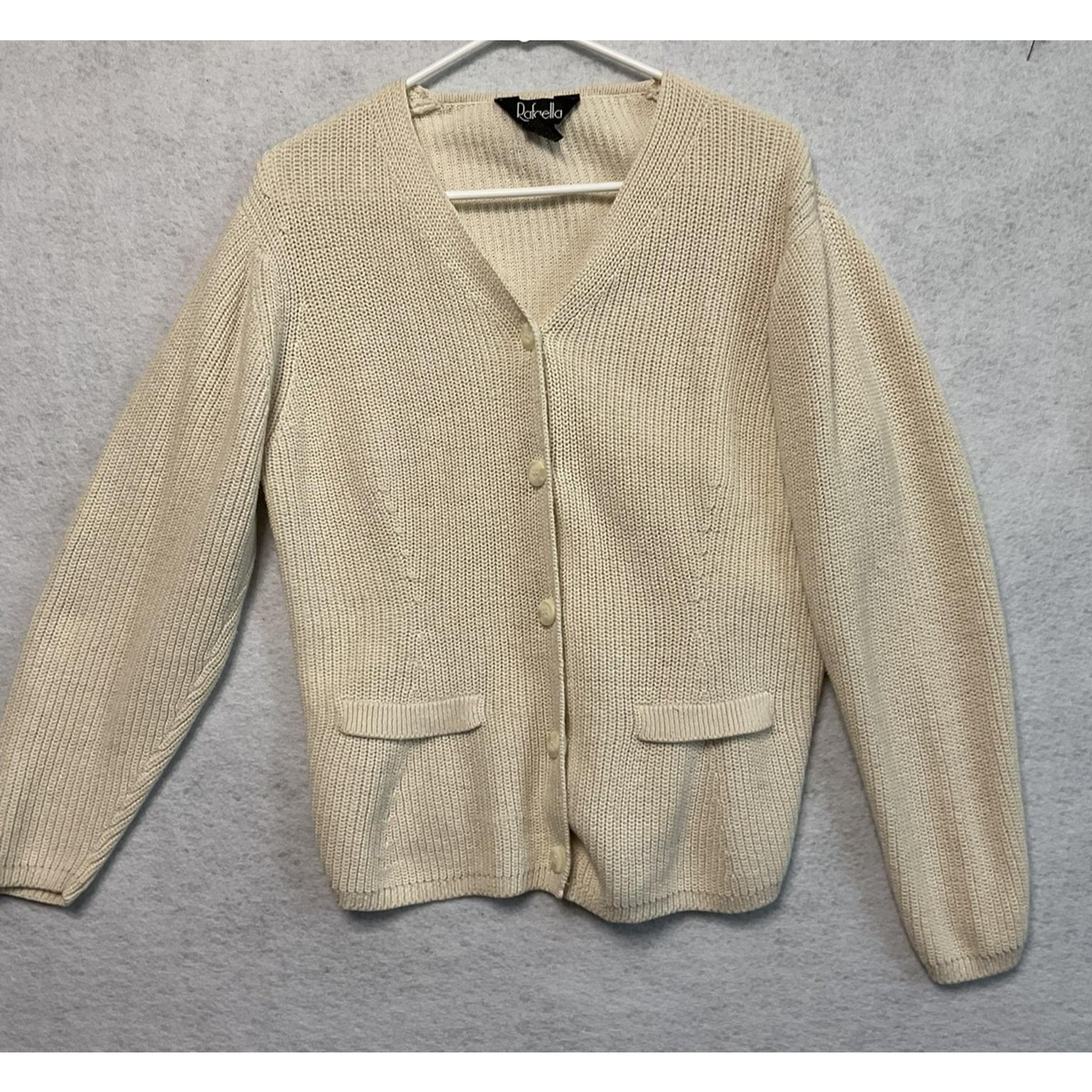Rafaella Sweater Womens Large Cream V Neck Cardigan Ramie Cotton Button Front