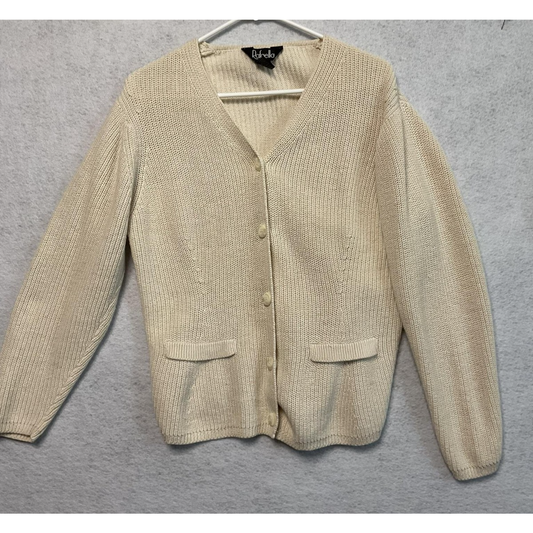 Rafaella Sweater Womens Large Cream V Neck Cardigan Ramie Cotton Button Front