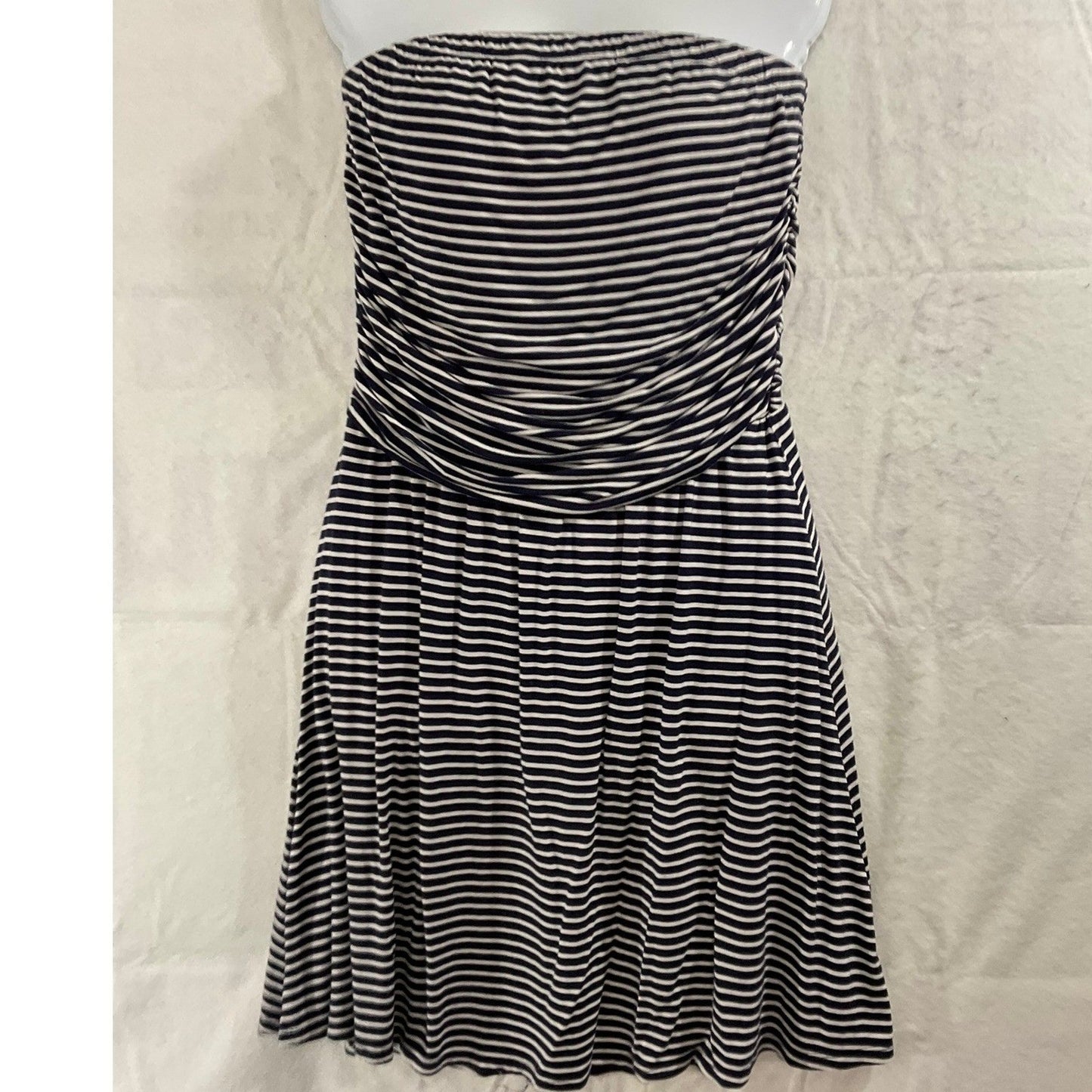 Strapless Tube Dress Womens M Navy White Striped Ruched Nautical Summer
