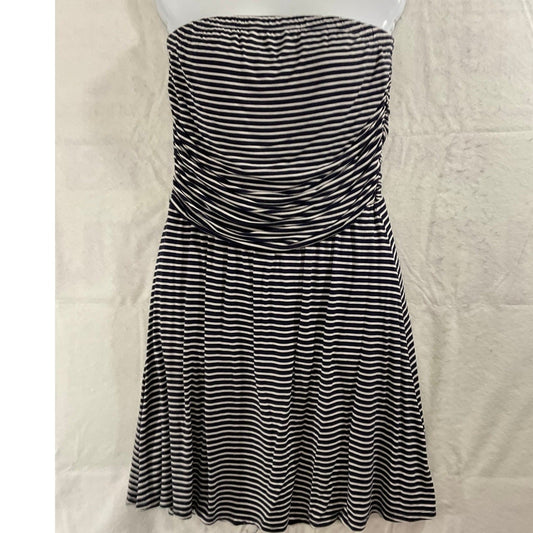 Strapless Tube Dress Womens M Navy White Striped Ruched Nautical Summer
