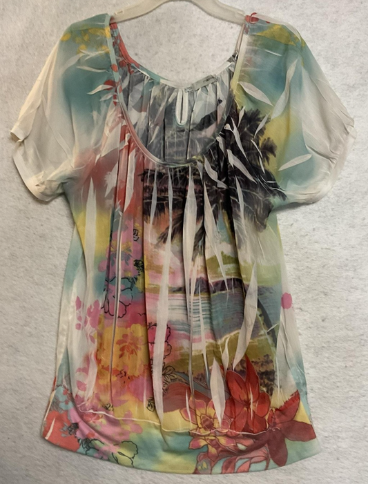Maurices Blouse Women 2X Multicolor Floral Tropical Sheer Scoop Neck Top Chiffon