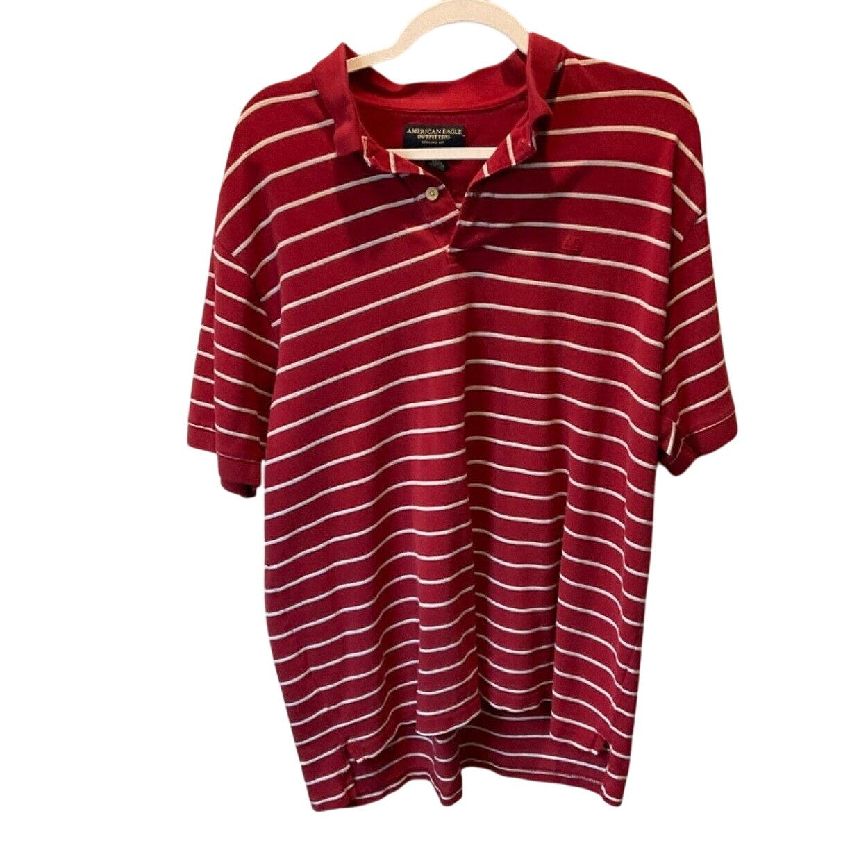 American Eagle Outfitters Men's XL Polo Shirt, Maroon with Grey/White Stripes